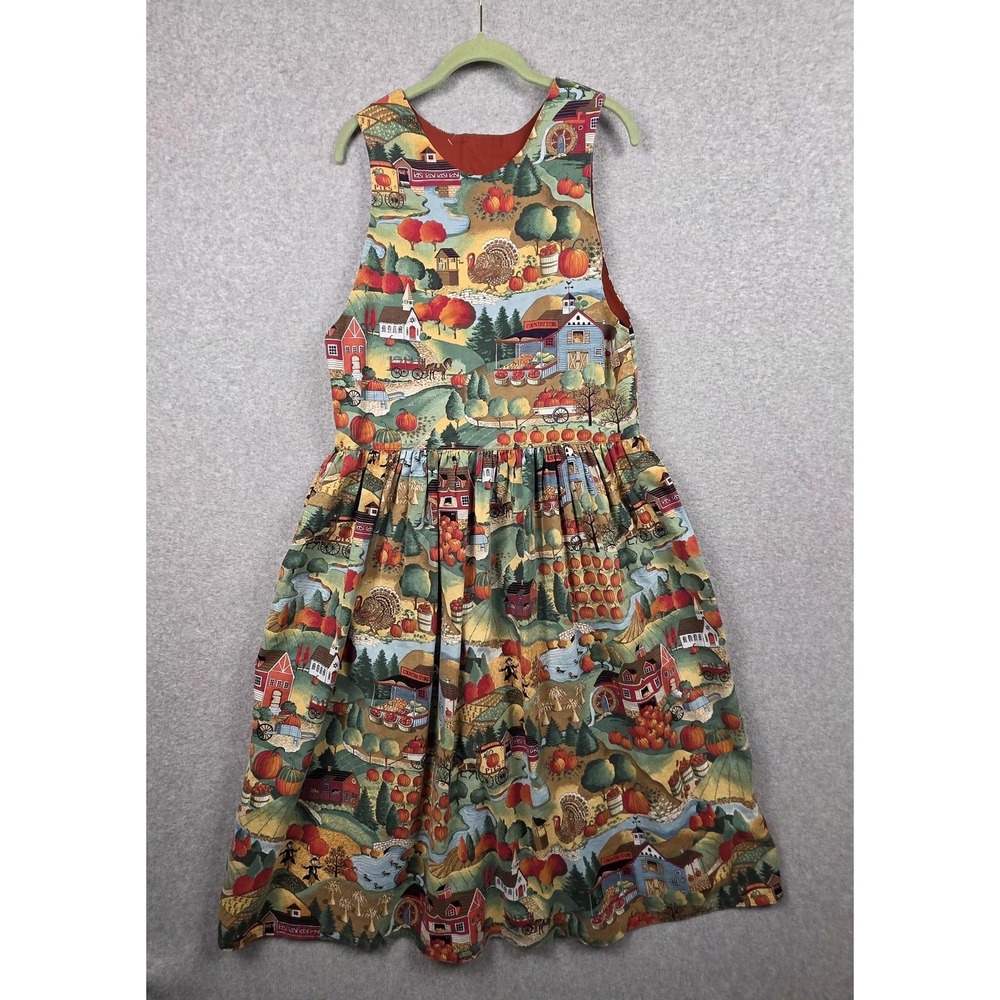 Autumn Farmhouse Jumper Dress Womens Medium Multicolor Sleeveless Fit Flare Midi